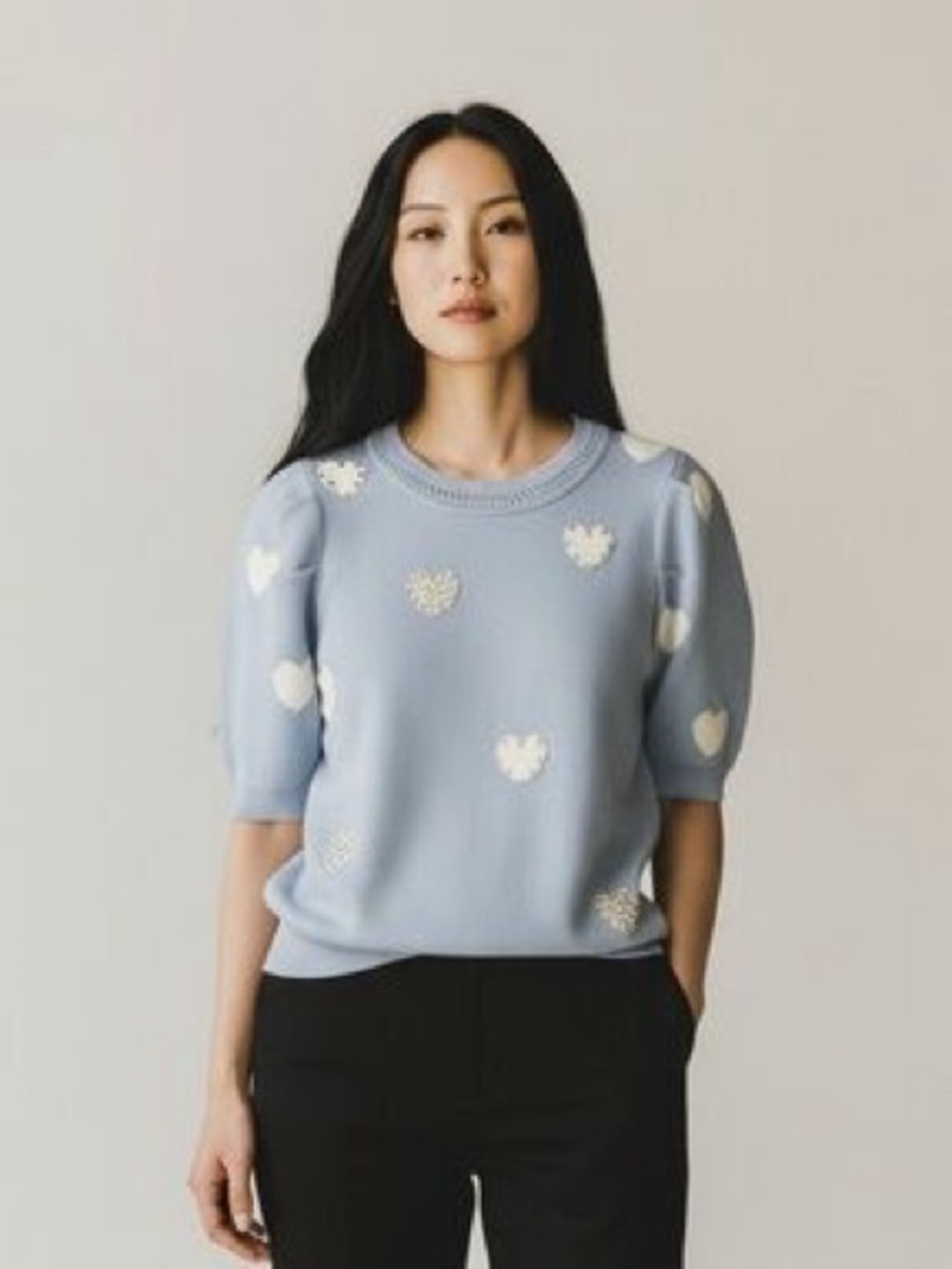 Nanette Lepore Light Blue Heart Appliqué Puff Sleeve Sweater small s